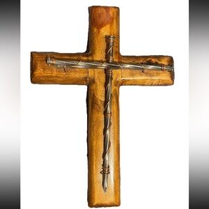 Rustic Wooden Wall Cross with Nails & Copper Wire  – Christian Religious Decor